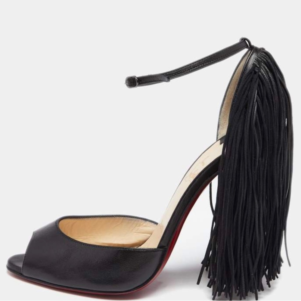 Christian Louboutin Heel Shoes Size 7 Black Leather Fringe NWT